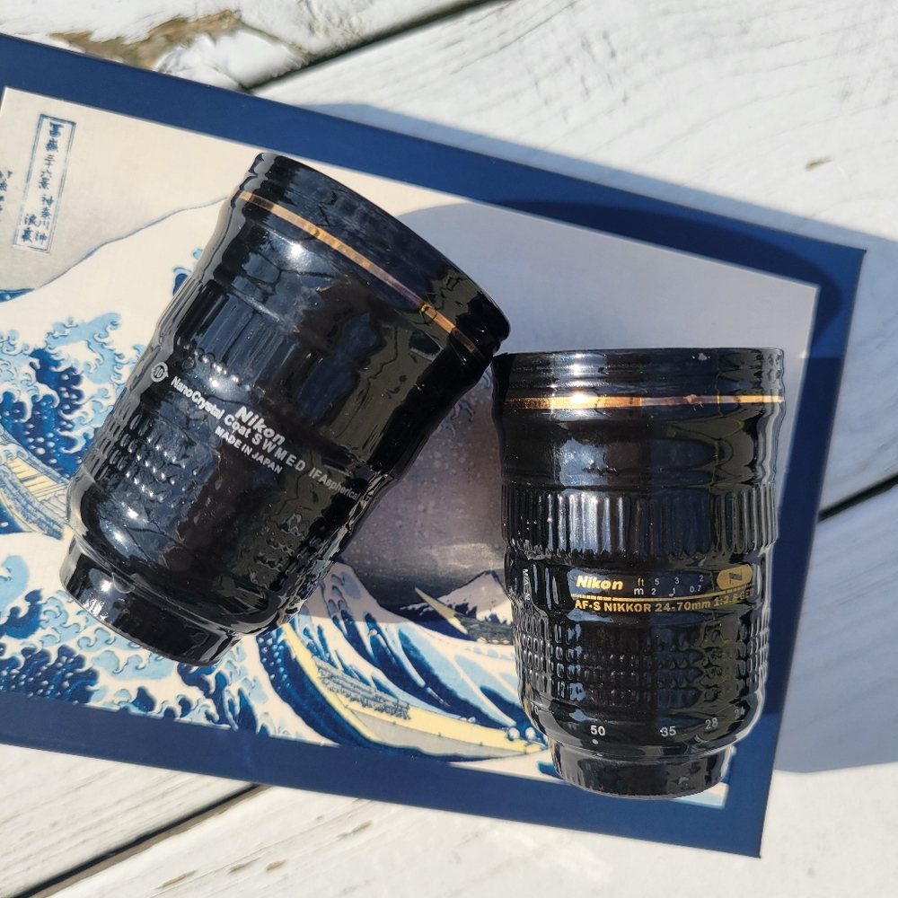 Nikon Camera Lens Shot Glass Duo ~ Cool Bar Cart Item for Photographer! Retro!